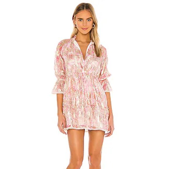 HEMANT & NANDITA Bloom Metallic Georgette Mini Dress in Pink - Picture 1 of 6